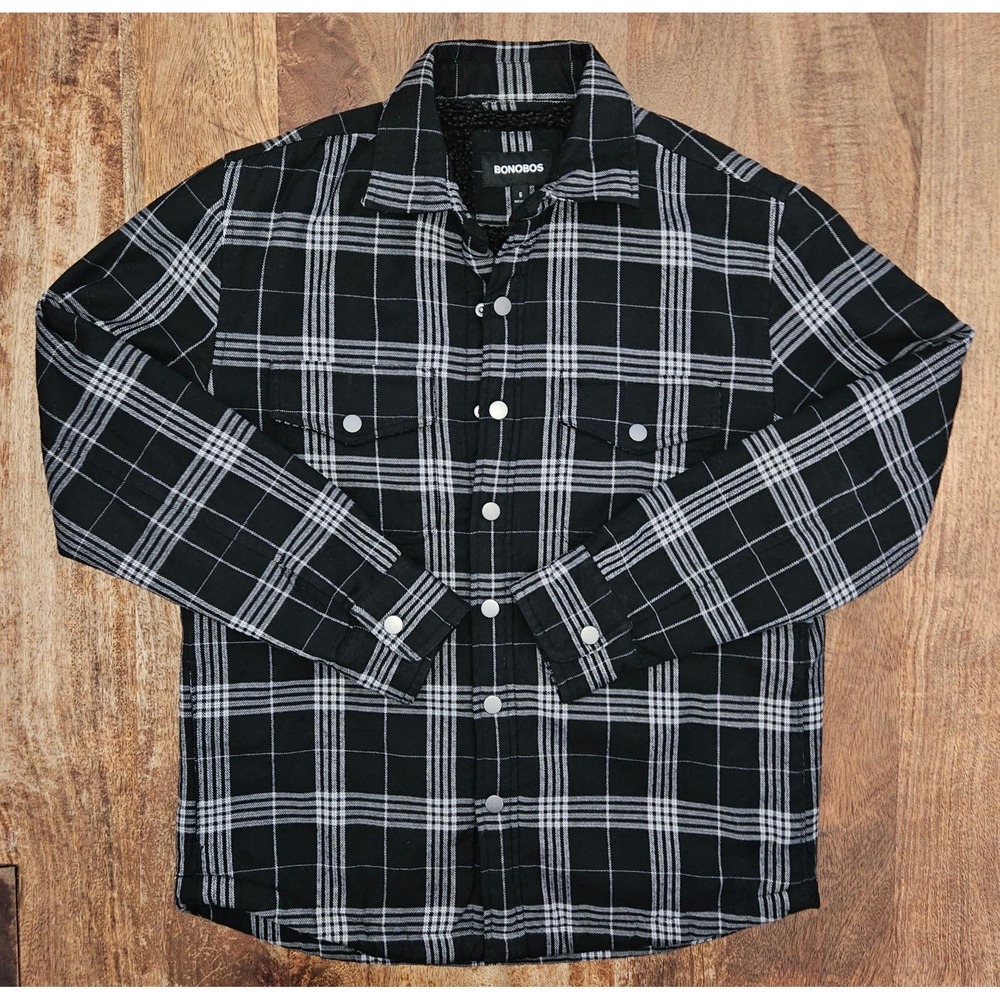 Bonobos Flannel Shacket Shirt Mens S Black White Plaid Sherpa Lined Shacket